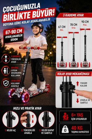 Kırmızı Tekerlekli Işıklı SpeedX Teen Scooter WX-891 3 Tekerlekli Ayarlanabilir Gidonlu Çocuk Scooter