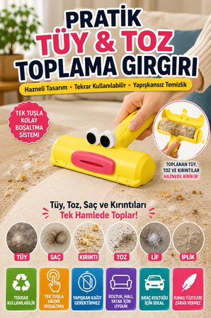 Hazneli Tekrar Kullanılabilir Tüy Toz Saç Toplama Gırgırı Yapışkansız Kumaş Temizlik Rulosu Ev Tipi!