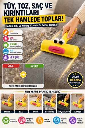 Hazneli Tekrar Kullanılabilir Tüy Toz Saç Toplama Gırgırı Yapışkansız Kumaş Temizlik Rulosu Ev Tipi!