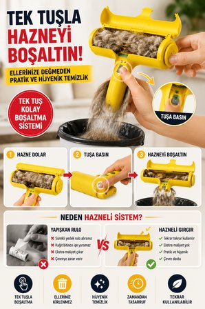 Hazneli Tekrar Kullanılabilir Tüy Toz Saç Toplama Gırgırı Yapışkansız Kumaş Temizlik Rulosu Ev Tipi!