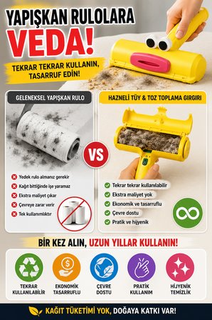 Hazneli Tekrar Kullanılabilir Tüy Toz Saç Toplama Gırgırı Yapışkansız Kumaş Temizlik Rulosu Ev Tipi!