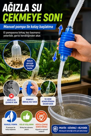 Manuel Pompalı Akvaryum Dip Temizleyici Su Değişim Sifonu Kum Temizleme Hortumu Elektriksiz 150 cm