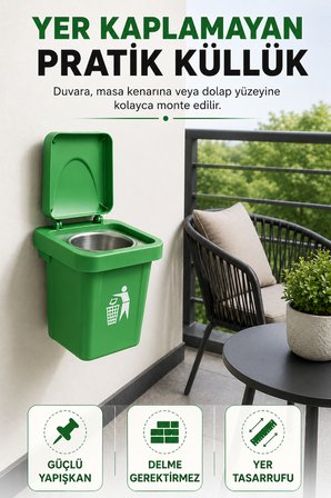 Yeşil Renk Duvara Monte Kapaklı Küllük Yapışkanlı Paslanmaz Çelik Hazneli Balkon Ofis Küllüğü 