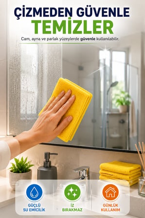 Sarı 3'lü Mikrofiber Temizlik Bezi 35x35 cm Çok Amaçlı Mutfak Cam Banyo Silme ve Kurulama Bezi