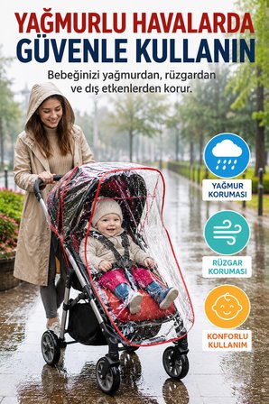 Kırmızı Şeritli Universal Bebek Arabası Yağmurluğu Şeffaf PVC Yağmur Rüzgar Toz Koruyucu Kılıf