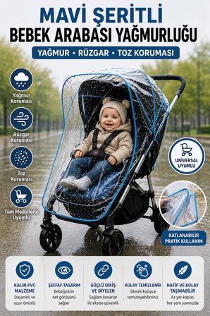 Mavi Şeritli Universal Bebek Arabası Yağmurluğu Şeffaf PVC Yağmur Rüzgar Toz Koruyucu Kılıf