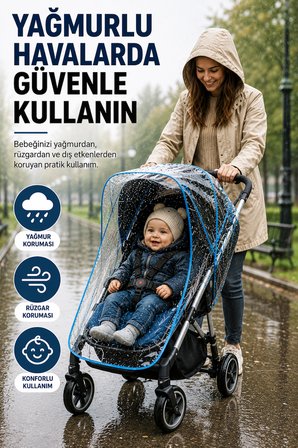 Mavi Şeritli Universal Bebek Arabası Yağmurluğu Şeffaf PVC Yağmur Rüzgar Toz Koruyucu Kılıf