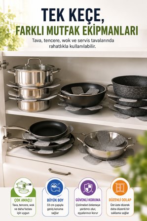 3'lü Gri Tava Çizdirmez Keçe Koruyucu 33 Cm Tava Tencere Ayırıcı Çizik Önleyici Organizer Set