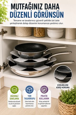 3'lü Gri Tava Çizdirmez Keçe Koruyucu 33 Cm Tava Tencere Ayırıcı Çizik Önleyici Organizer Set