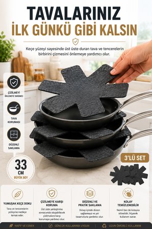 3'lü Antrasit Tava Çizdirmez Keçe Koruyucu 33 Cm Tava Tencere Ayırıcı Çizik Önleyici Organizer Set