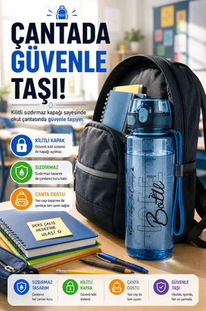 Mavi 1 Litre Suluk Matara Sızdırmaz Kilitli Kapaklı BPA İçermez Okul Spor Su Şişesi 1000 ML Askılı 