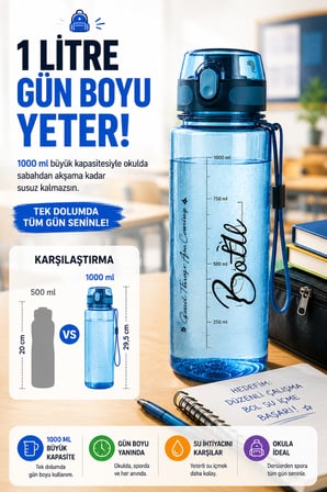 Mavi 1 Litre Suluk Matara Sızdırmaz Kilitli Kapaklı BPA İçermez Okul Spor Su Şişesi 1000 ML Askılı 