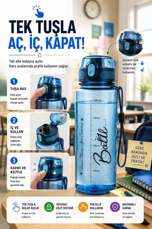 Mavi 1 Litre Suluk Matara Sızdırmaz Kilitli Kapaklı BPA İçermez Okul Spor Su Şişesi 1000 ML Askılı 