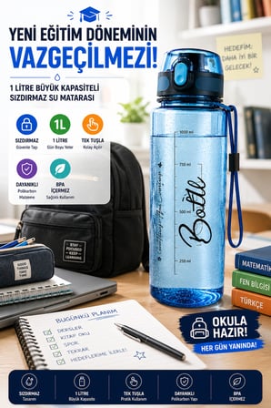 Mavi 1 Litre Suluk Matara Sızdırmaz Kilitli Kapaklı BPA İçermez Okul Spor Su Şişesi 1000 ML Askılı 