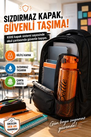 Turuncu 1 Litre Suluk Matara Sızdırmaz Kilitli Kapaklı BPA İçermez Okul Spor Su Şişesi 1000 ML Askılı 