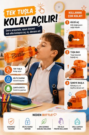 Turuncu 1 Litre Suluk Matara Sızdırmaz Kilitli Kapaklı BPA İçermez Okul Spor Su Şişesi 1000 ML Askılı 