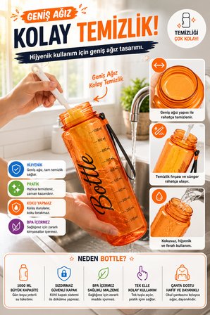 Turuncu 1 Litre Suluk Matara Sızdırmaz Kilitli Kapaklı BPA İçermez Okul Spor Su Şişesi 1000 ML Askılı 