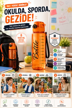 Turuncu 1 Litre Suluk Matara Sızdırmaz Kilitli Kapaklı BPA İçermez Okul Spor Su Şişesi 1000 ML Askılı 