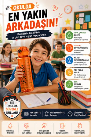 Turuncu 1 Litre Suluk Matara Sızdırmaz Kilitli Kapaklı BPA İçermez Okul Spor Su Şişesi 1000 ML Askılı 