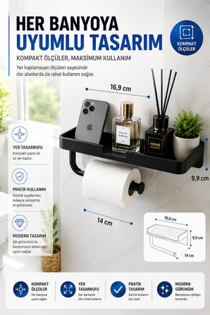 Siyah Yapışkanlı Raflı Tuvalet Kağıdı Askılığı Delmeden Montaj Banyo Organizer Telefon Rafı Askısı