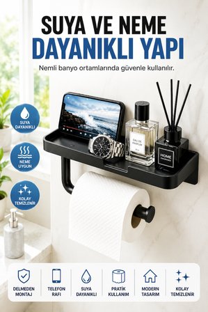 Siyah Yapışkanlı Raflı Tuvalet Kağıdı Askılığı Delmeden Montaj Banyo Organizer Telefon Rafı Askısı