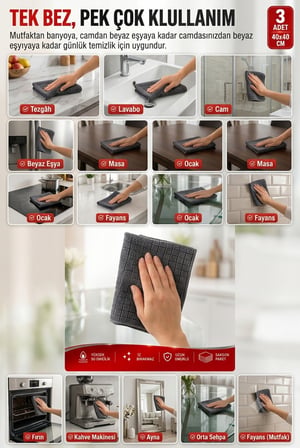 3'lü Mikrofiber Mutfak Temizlik Bezi 40x40 cm Süper Emici İz Bırakmayan Çok Amaçlı Gri Bez Seti