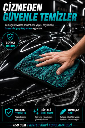 650 GSM Twisted Mikrofiber Oto Kurulama Bezi 50x70 cm Araç Kurulama Havlusu Çizmeden Temizlik Bez