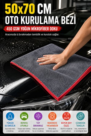450 GSM Oto Araç Kurulama Bezi Mikrofiber Oto Yıkama Temizlik Bezi Tüy Bırakmaz Gri 50x70 cm