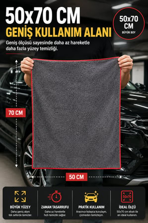 450 GSM Oto Araç Kurulama Bezi Mikrofiber Oto Yıkama Temizlik Bezi Tüy Bırakmaz Gri 50x70 cm