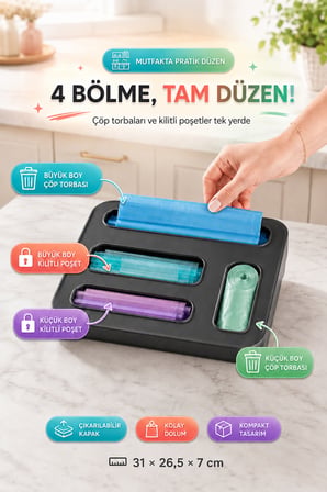 4 Bölmeli Poşet Organizeri Çöp Torbası ve Kilitli Poşet Düzenleyici Plastik Saklama Kutusu Düzen ANT