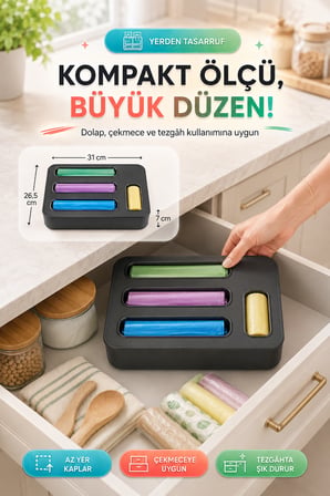 4 Bölmeli Poşet Organizeri Çöp Torbası ve Kilitli Poşet Düzenleyici Plastik Saklama Kutusu Düzen ANT