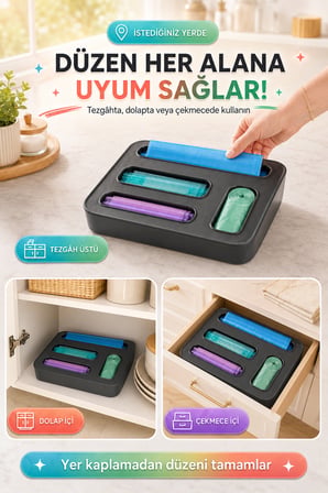 4 Bölmeli Poşet Organizeri Çöp Torbası ve Kilitli Poşet Düzenleyici Plastik Saklama Kutusu Düzen ANT