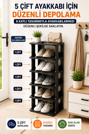 5 Katlı Modüler Ayakkabılık Dar Alan Düzenleyici Plastik Ayakkabı Rafı Kolay Kurulum Siyah Model