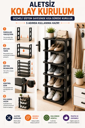 5 Katlı Modüler Ayakkabılık Dar Alan Düzenleyici Plastik Ayakkabı Rafı Kolay Kurulum Siyah Model