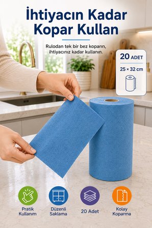 Kopar Kullan Mikrofiber Rulo Bez 20 Adet 25x32 cm Islak Kuru Çok Amaçlı Temizlik Bezi Mutfak Banyo
