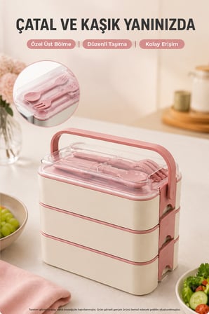 Pembe 3 Katlı Beslenme Kutusu Çatal Kaşık Dahil Kilitli Kapaklı Taşıma Saplı Yemek Saklama Kabı Seti