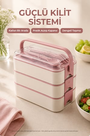 Pembe 3 Katlı Beslenme Kutusu Çatal Kaşık Dahil Kilitli Kapaklı Taşıma Saplı Yemek Saklama Kabı Seti
