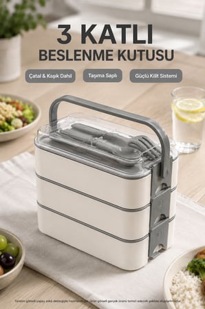 Antrasit 3 Katlı Beslenme Kutusu Çatal Kaşık Dahil Kilitli Kapaklı Taşıma Saplı Yemek Saklama Kabı Seti