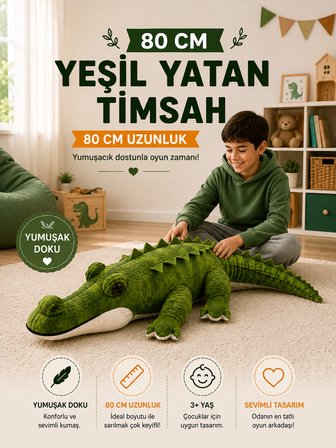 80 cm Peluş Timsah Yumuşak Oyuncak Uyku Arkadaşı Sevimli Peluş Timsah