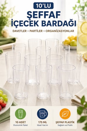 10'lu 175 ml Şeffaf Plastik İçecek Bardağı Davet Parti Organizasyon Sunum Bardağı
