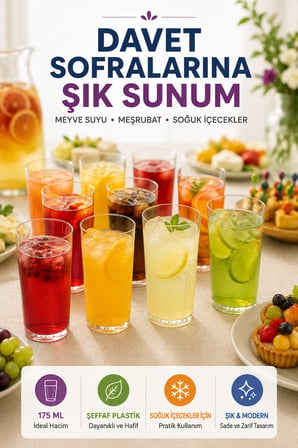 10'lu 175 ml Şeffaf Plastik İçecek Bardağı Davet Parti Organizasyon Sunum Bardağı