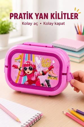 Pembe Patenli Kız Çocuk Beslenme Kutusu 6 Bölmeli Kilitli Saplı Okul Piknik Yemek Saklama Kabı Seti