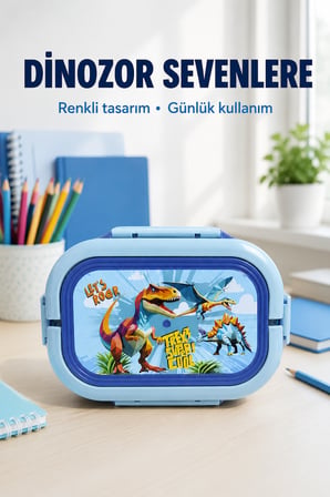Mavi Dinozor Çocuk Beslenme Kutusu 6 Bölmeli Kilitli Saplı Okul Piknik Yemek Saklama Kabı Renkli Set