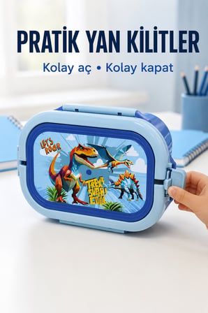 Mavi Dinozor Çocuk Beslenme Kutusu 6 Bölmeli Kilitli Saplı Okul Piknik Yemek Saklama Kabı Renkli Set