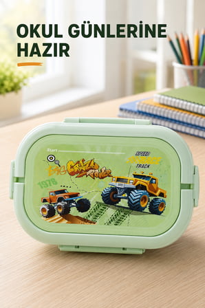 Mint Yeşili Araçlı Çocuk Beslenme Kutusu 6 Bölmeli Kilitli Saplı Okul Piknik Yemek Saklama Kabı Seti