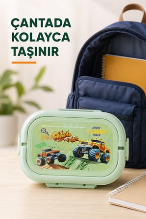 Mint Yeşili Araçlı Çocuk Beslenme Kutusu 6 Bölmeli Kilitli Saplı Okul Piknik Yemek Saklama Kabı Seti