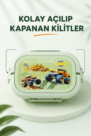 Mint Yeşili Araçlı Çocuk Beslenme Kutusu 6 Bölmeli Kilitli Saplı Okul Piknik Yemek Saklama Kabı Seti