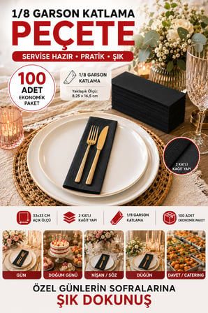 33x33 cm Siyah Garson Katlama Peçete 100 Adet 2 Katlı Kadınlar Günü Davet Parti Sofra Kağıt Peçetesi