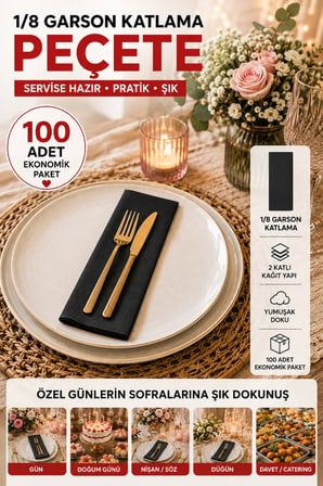 33x33 cm Siyah Garson Katlama Peçete 100 Adet 2 Katlı Kadınlar Günü Davet Parti Sofra Kağıt Peçetesi
