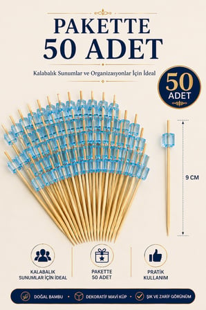 50’li Mavi Küp Bambu Kürdan 9 cm Parti Davet Kokteyl Kanepe Sunum Kürdanı Organizasyon Sofra Seti